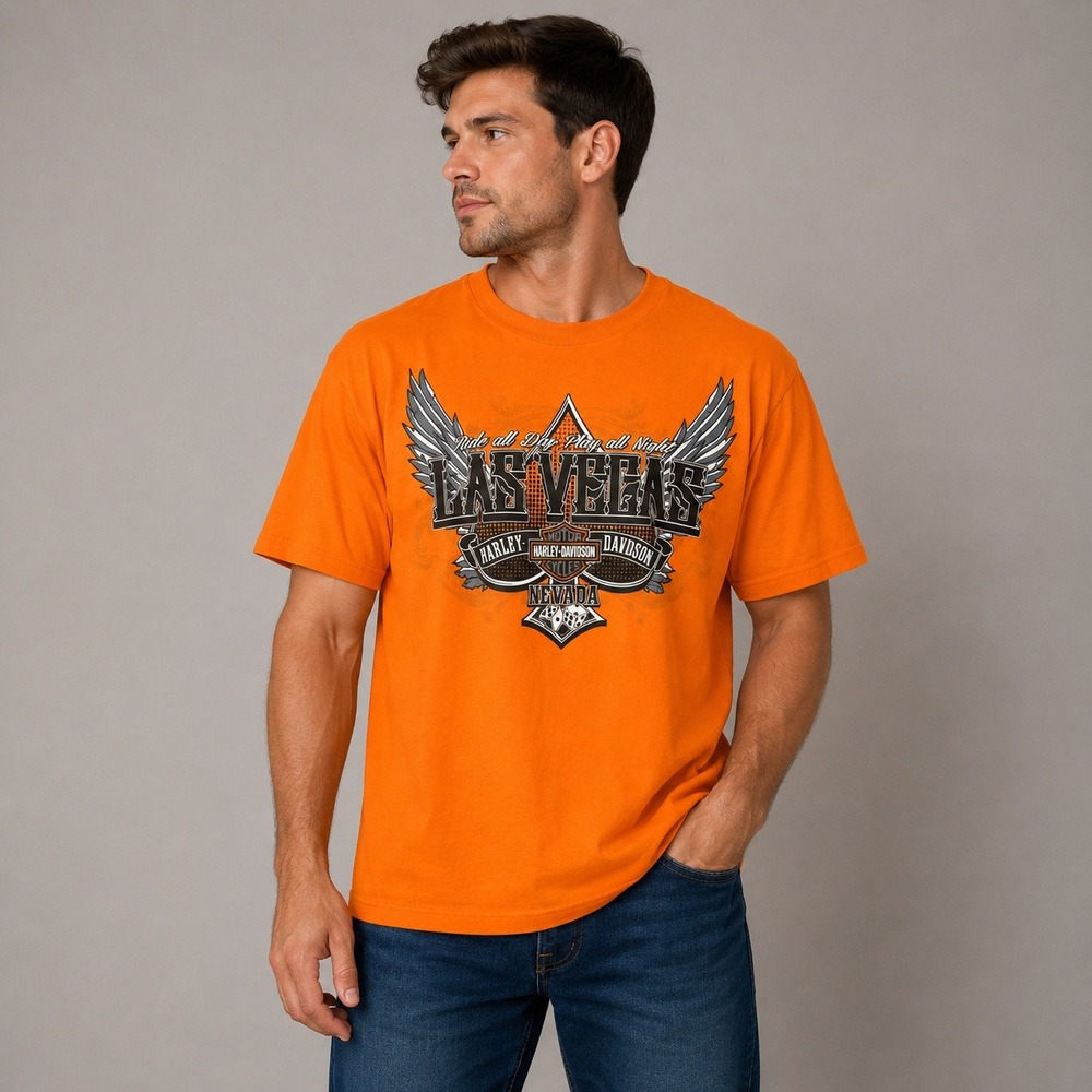 Harley-Davidson Las Vegas Nevada Graphic T-Shirt Orange Mens XL Alstyle Classic